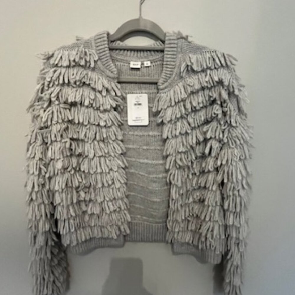NWT Gray fringe yarn sweater cardigan Gap small